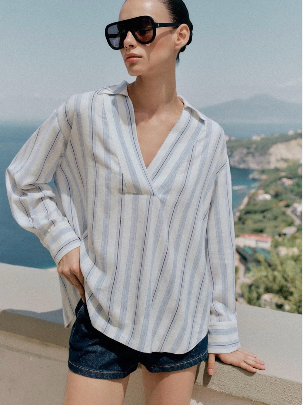Zara Striped V-Neck Tunic Top - Light Blue & White